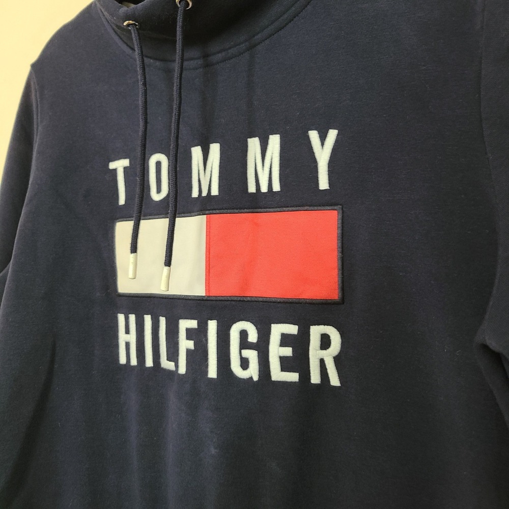 Tommy Hilfiger Hoodie Sweatshirt Womens L Navy Blue Y2K Spell Out Colorblock Red - Picture 3 of 8